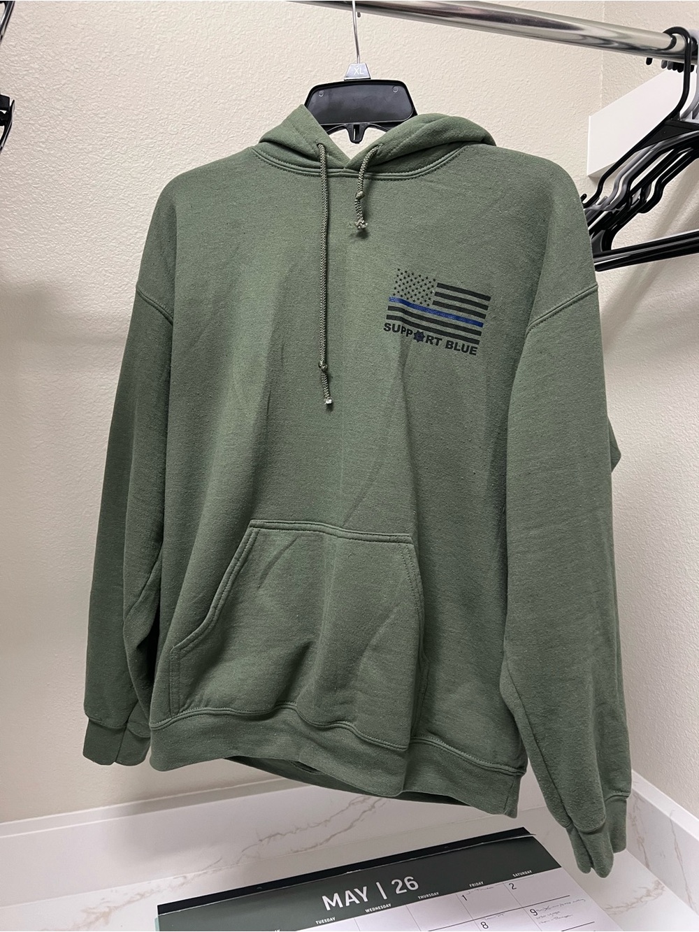 Gildan Olive Green Hoodie with 'Support Blue' Flag Graphic